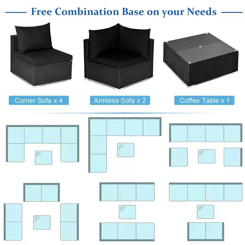 Costway Conjunto de Sofás de Ratán para Patio de 7 Piezas, Juego de Muebles Seccionales para Conversación de Jardín, Negro