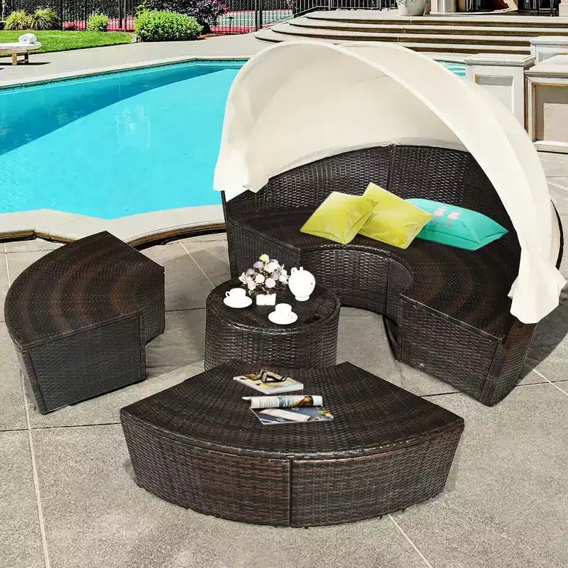 Tumbona Costway de ratán para patio, sofá acolchado con dosel, mesa ajustable y 3 almohadas