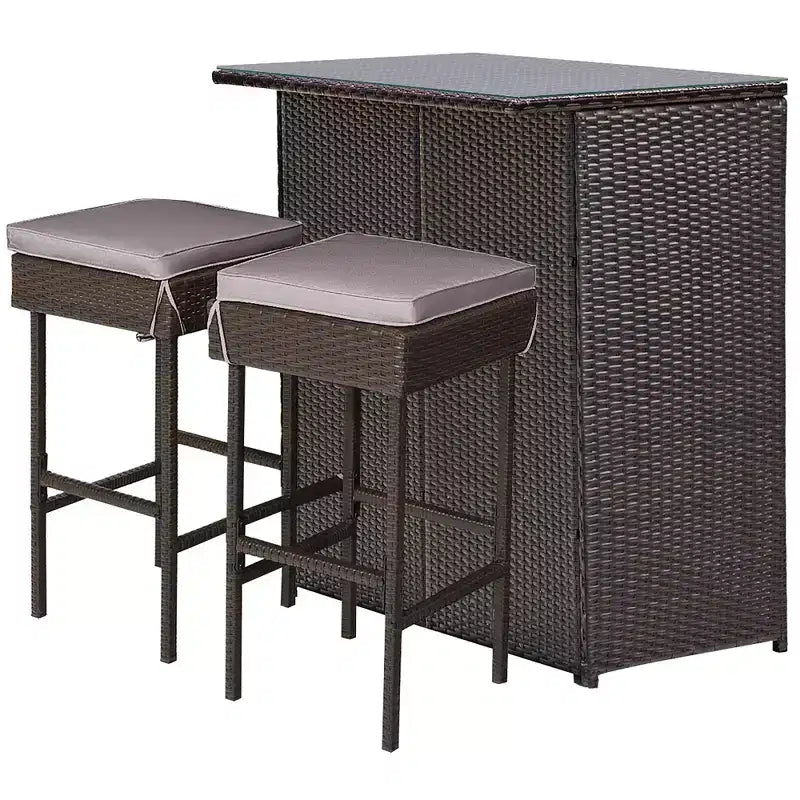 Costway Patio 3PCS Rattan Bar Table Stool Set Cushioned Chairs with Cover