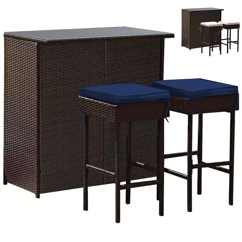 Costway Patio 3PCS Rattan Bar Table Stool Set Cushioned Chairs with Cover