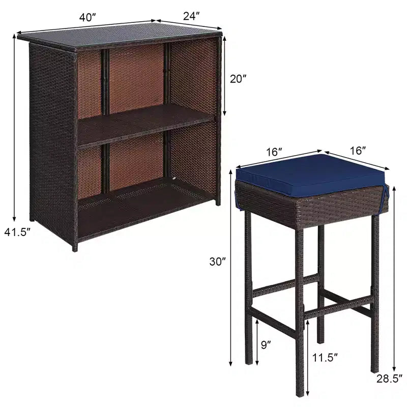 Costway Patio 3PCS Rattan Bar Table Stool Set Cushioned Chairs with Cover