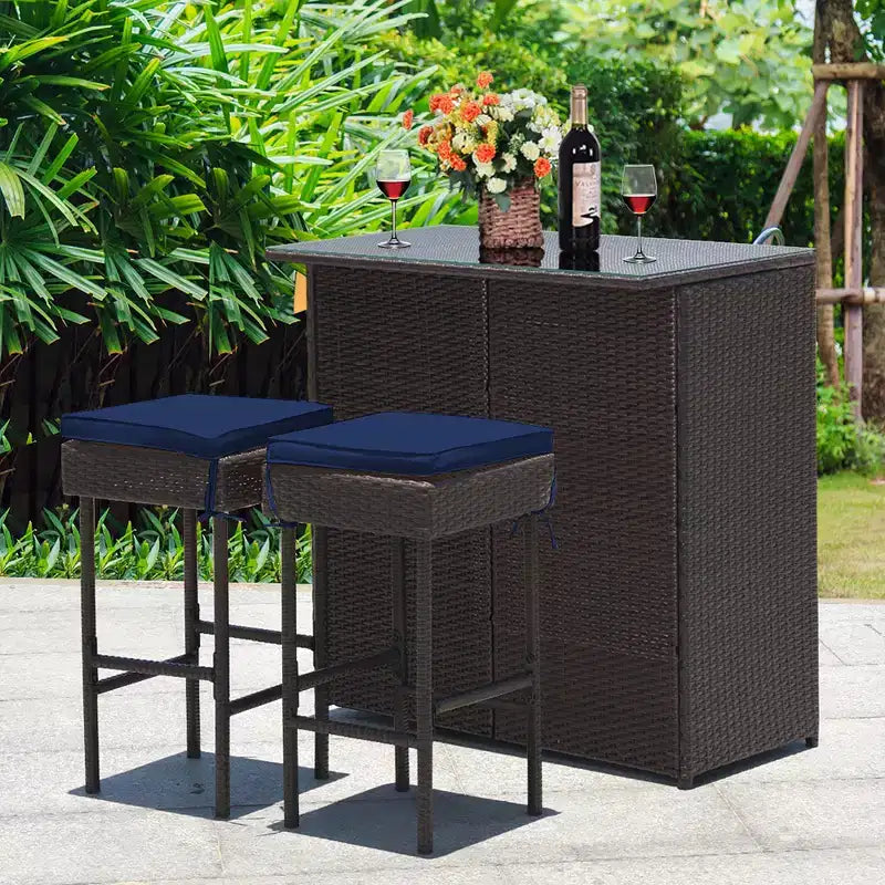 Costway Patio 3PCS Rattan Bar Table Stool Set Cushioned Chairs with Cover
