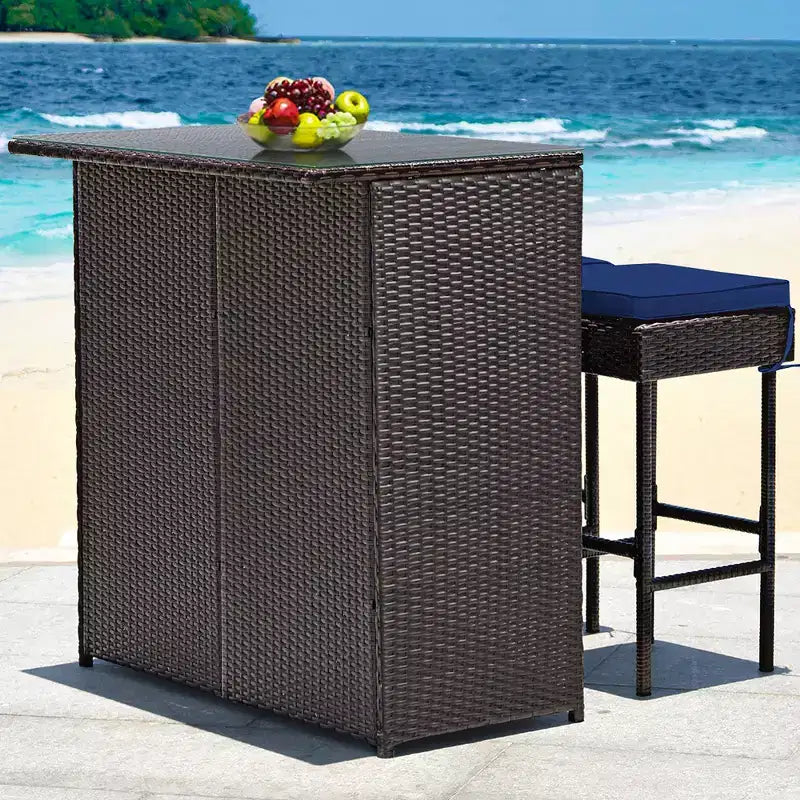 Costway Patio 3PCS Rattan Bar Table Stool Set Cushioned Chairs with Cover