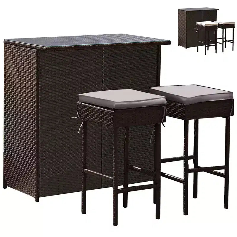 Costway Patio 3PCS Rattan Bar Table Stool Set Cushioned Chairs with Cover