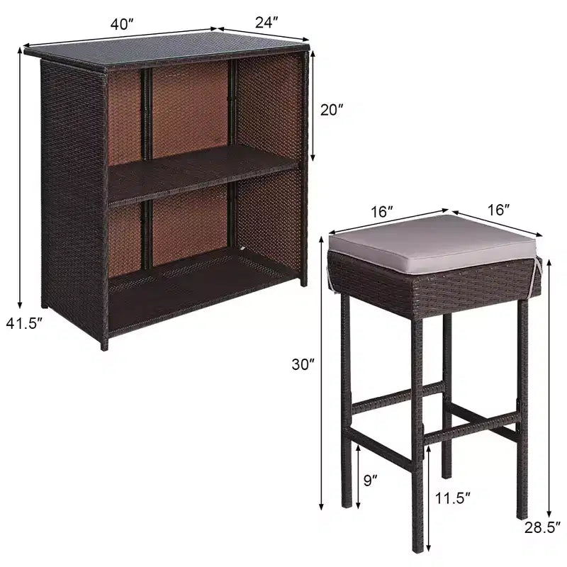 Costway Patio 3PCS Rattan Bar Table Stool Set Cushioned Chairs with Cover