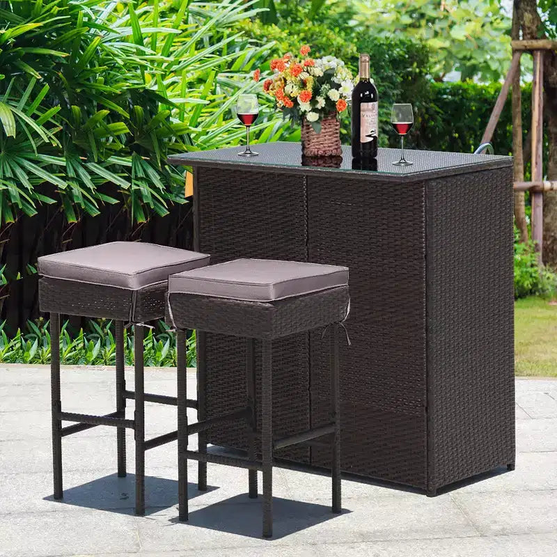 Costway Patio 3PCS Rattan Bar Table Stool Set Cushioned Chairs with Cover