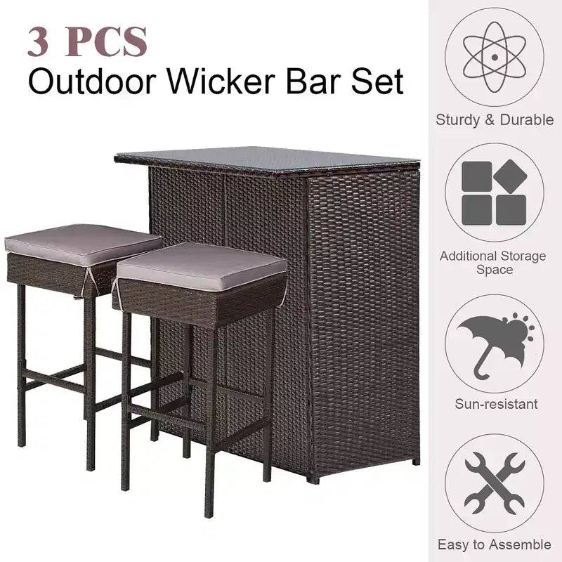 Costway Patio 3PCS Rattan Bar Table Stool Set Cushioned Chairs with Cover