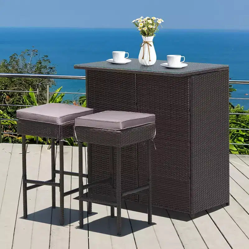 Costway Patio 3PCS Rattan Bar Table Stool Set Cushioned Chairs with Cover