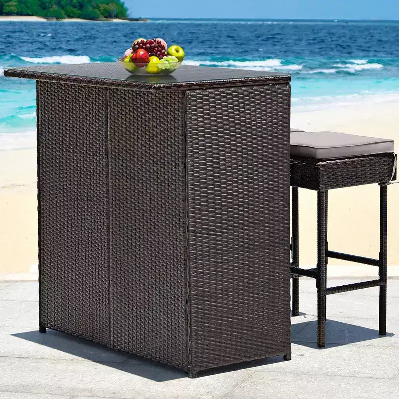 Costway Patio 3PCS Rattan Bar Table Stool Set Cushioned Chairs with Cover