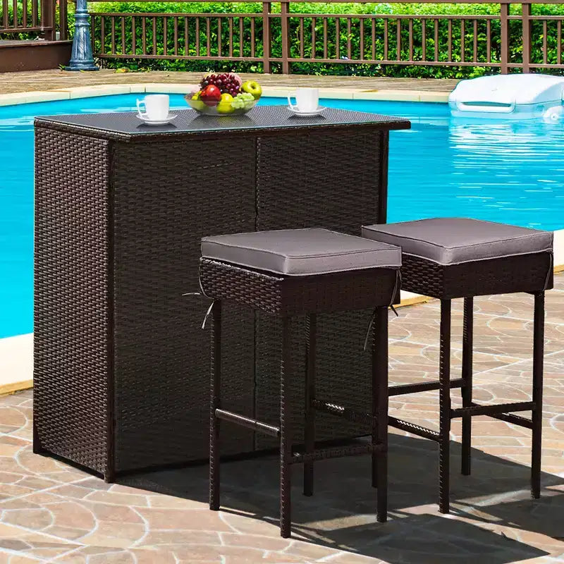 Costway Patio 3PCS Rattan Bar Table Stool Set Cushioned Chairs with Cover