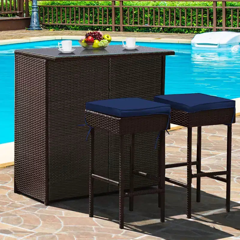 Costway Patio Juego de Mesa y Taburetes de Bar de Ratán de 3 Piezas Sillas Acolchadas con Funda