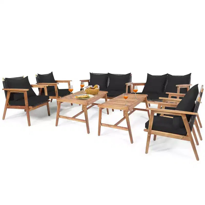 Costway Juego de Muebles de Ratán para Patio de 8 Piezas Sofá Acolchado de Madera con Funda Negra y Turquesa