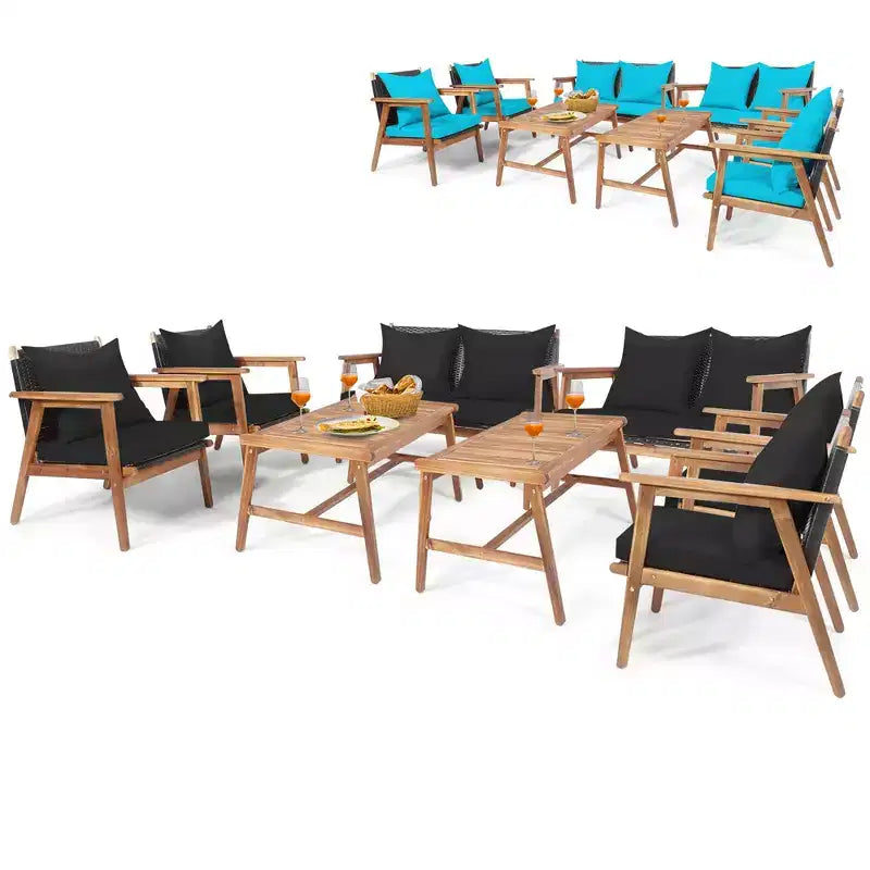 Costway Juego de Muebles de Ratán para Patio de 8 Piezas Sofá Acolchado de Madera con Funda Negra y Turquesa