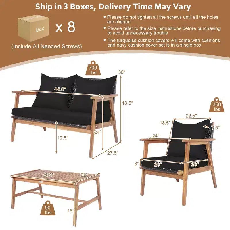 Costway Juego de Muebles de Ratán para Patio de 8 Piezas Sofá Acolchado de Madera con Funda Negra y Turquesa