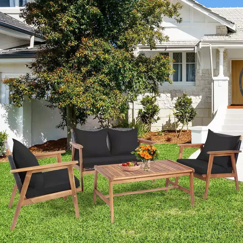 Costway Juego de Muebles de Ratán para Patio de 8 Piezas Sofá Acolchado de Madera con Funda Negra y Turquesa