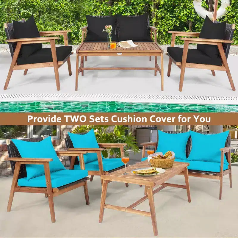 Costway Juego de Muebles de Ratán para Patio de 8 Piezas Sofá Acolchado de Madera con Funda Negra y Turquesa