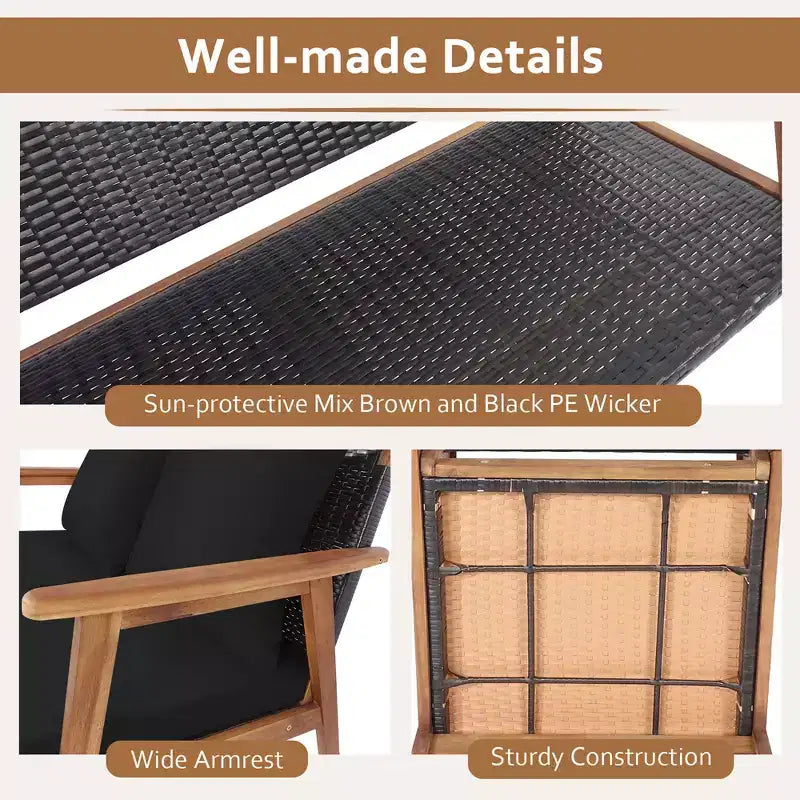 Costway Juego de Muebles de Ratán para Patio de 8 Piezas Sofá Acolchado de Madera con Funda Negra y Turquesa