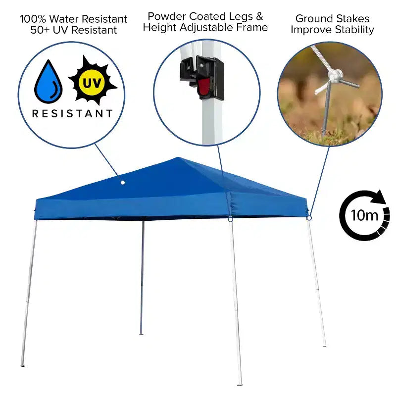 Juego portátil de puerta trasera, camping o eventos de Emma y Oliver con carpa tipo toldo blanca emergente con bolsa de transporte y mesa plegable con bancos.