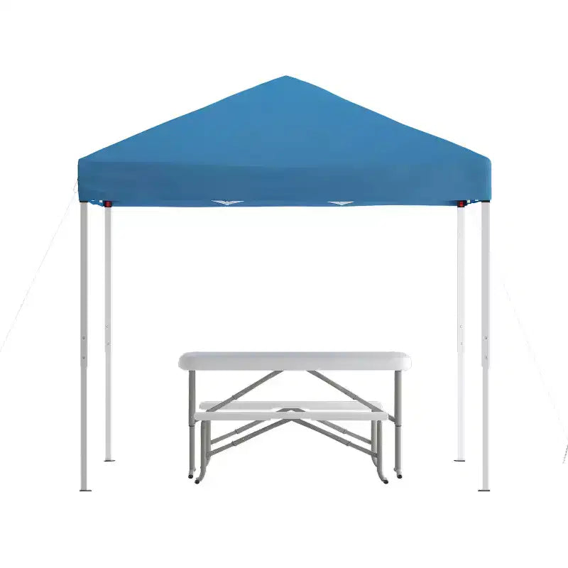 Juego portátil de puerta trasera, camping o eventos de Emma y Oliver con carpa tipo toldo blanca emergente con bolsa de transporte y mesa plegable con bancos.