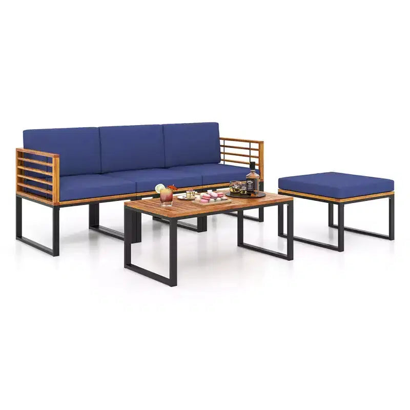 Juego de sillas para patio de 5 piezas Costway, juego de sillas de madera de acacia con otomana y mesa de centro