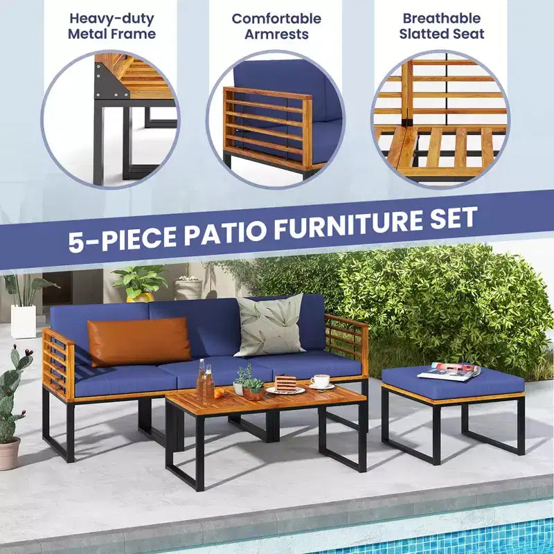 Juego de sillas para patio de 5 piezas Costway, juego de sillas de madera de acacia con otomana y mesa de centro