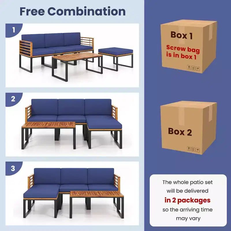 Juego de sillas para patio de 5 piezas Costway, juego de sillas de madera de acacia con otomana y mesa de centro