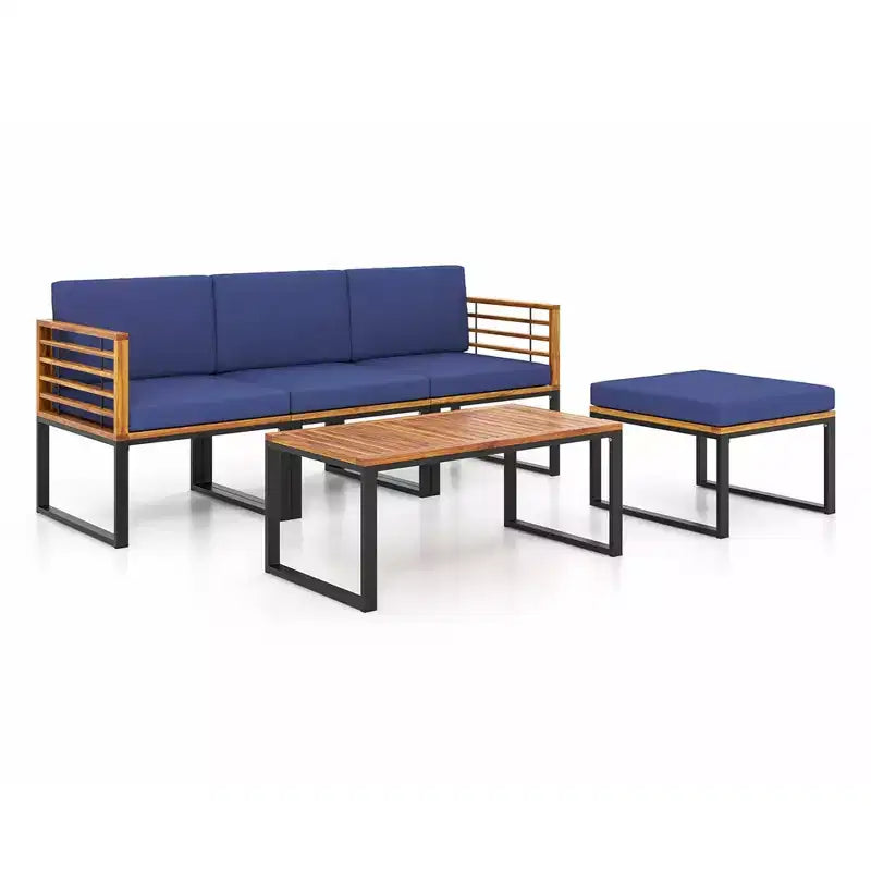 Juego de sillas para patio de 5 piezas Costway, juego de sillas de madera de acacia con otomana y mesa de centro