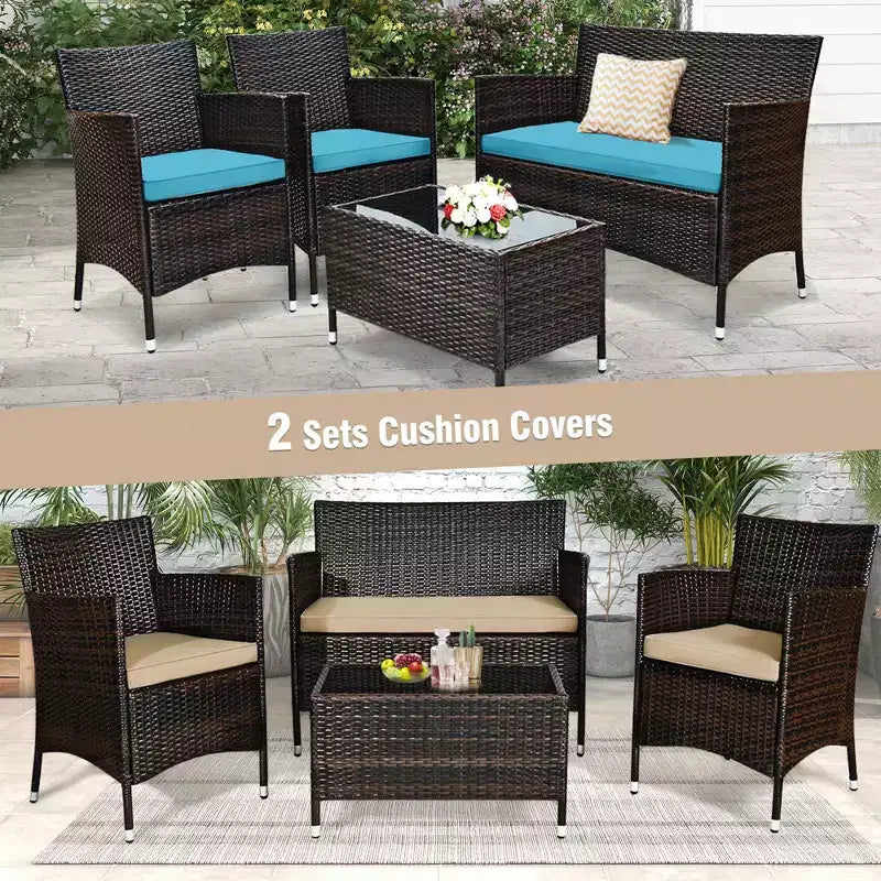 Costway Juego de Muebles de Mimbre para Patio de 4 Piezas Sofá Silla con Fundas de Cojín Marrones y Grises para Jardín