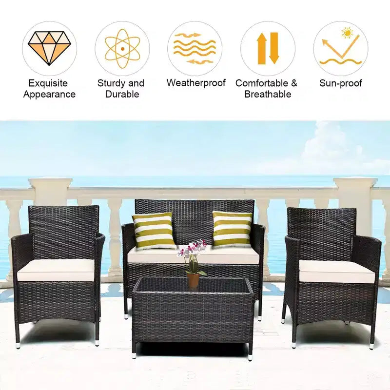 Costway Juego de Muebles de Mimbre para Patio de 4 Piezas Sofá Silla con Fundas de Cojín Marrones y Grises para Jardín