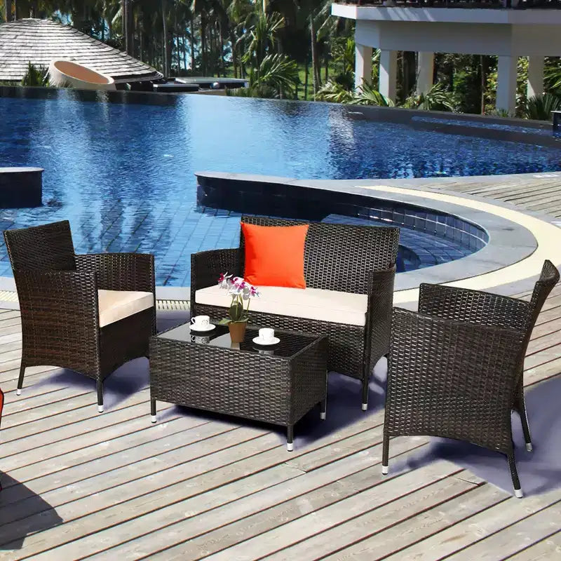 Costway Juego de Muebles de Mimbre para Patio de 4 Piezas Sofá Silla con Fundas de Cojín Marrones y Grises para Jardín