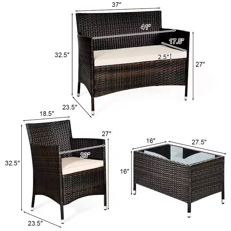 Costway Juego de Muebles de Mimbre para Patio de 4 Piezas Sofá Silla con Fundas de Cojín Marrones y Grises para Jardín