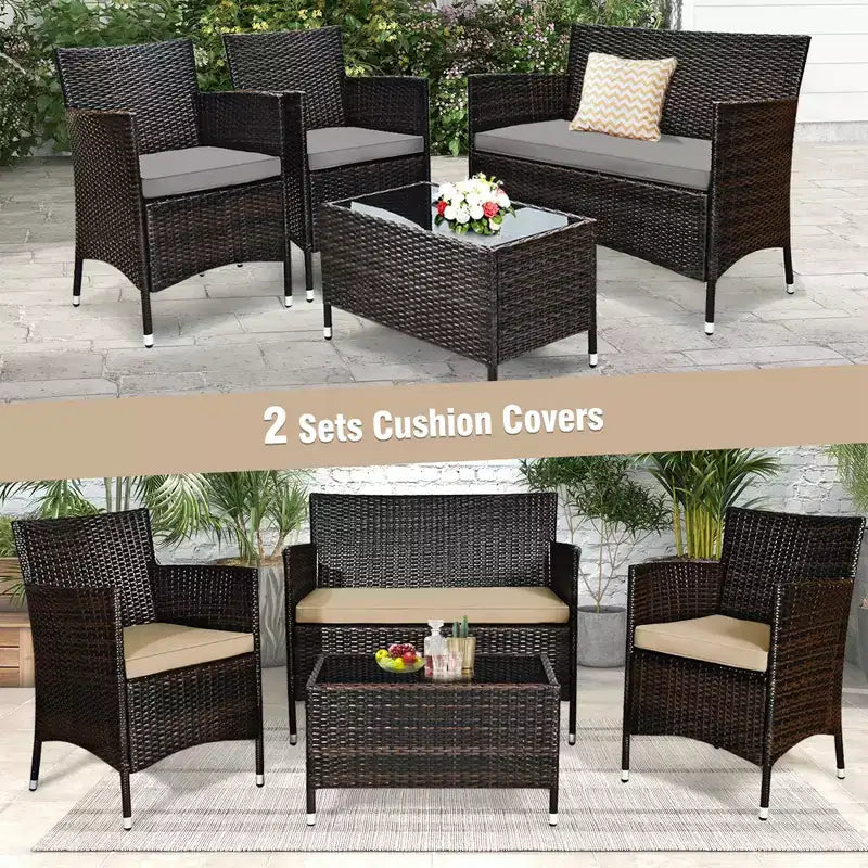 Costway Juego de Muebles de Mimbre para Patio de 4 Piezas Sofá Silla con Fundas de Cojín Marrones y Grises para Jardín