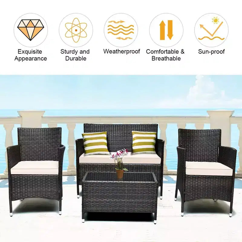 Costway Juego de Muebles de Mimbre para Patio de 4 Piezas Sofá Silla con Fundas de Cojín Marrones y Grises para Jardín