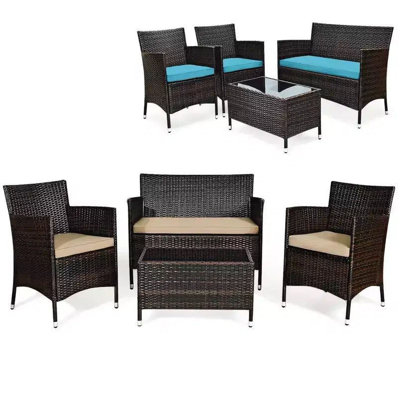 Costway Juego de Muebles de Mimbre para Patio de 4 Piezas Sofá Silla con Fundas de Cojín Marrones y Grises para Jardín