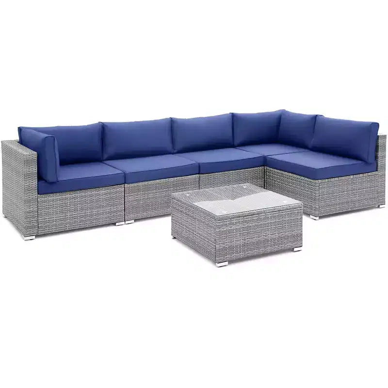Costway Juego de sofá de conversación para patio de 6 piezas, muebles de ratán para exteriores con asientos acolchados, azul marino