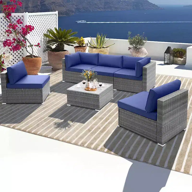 Costway Juego de sofá de conversación para patio de 6 piezas, muebles de ratán para exteriores con asientos acolchados, azul marino