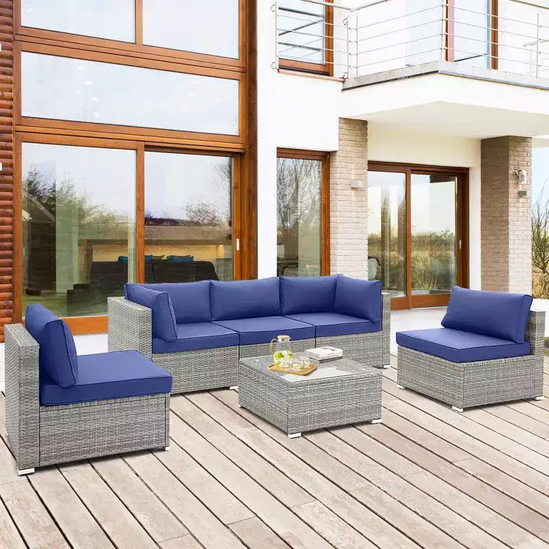 Costway Juego de sofá de conversación para patio de 6 piezas, muebles de ratán para exteriores con asientos acolchados, azul marino