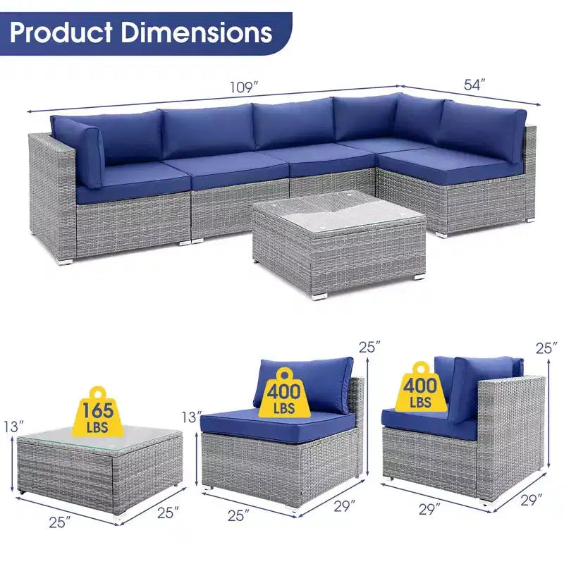 Costway Juego de sofá de conversación para patio de 6 piezas, muebles de ratán para exteriores con asientos acolchados, azul marino