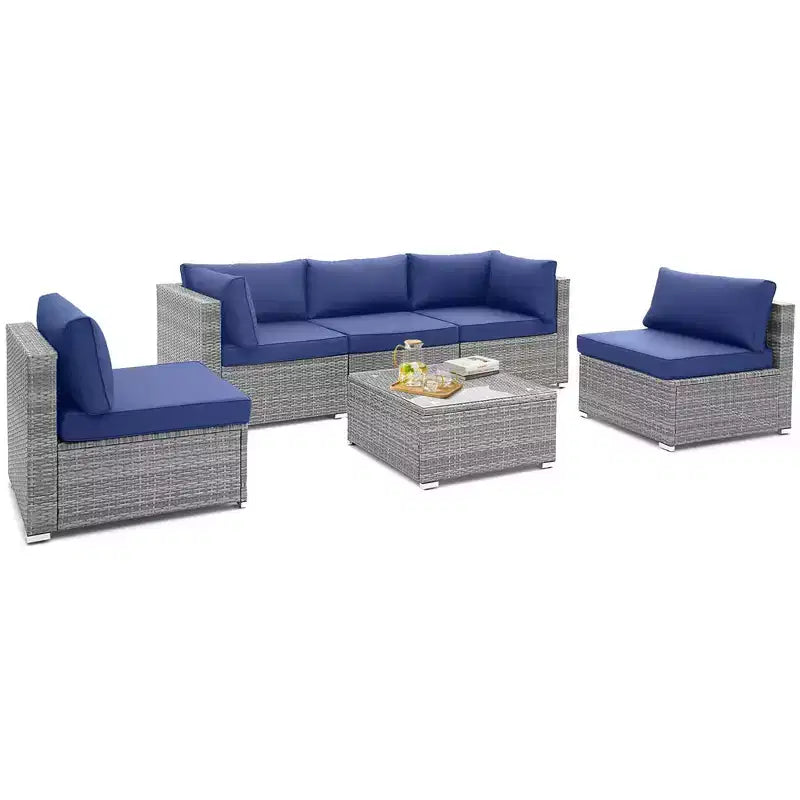 Costway Juego de sofá de conversación para patio de 6 piezas, muebles de ratán para exteriores con asientos acolchados, azul marino