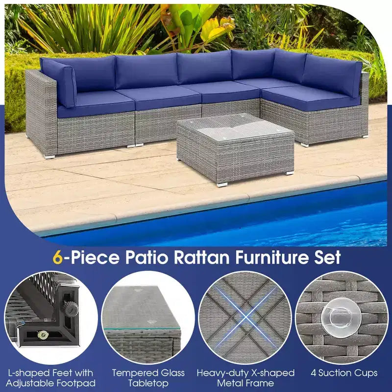 Costway Juego de sofá de conversación para patio de 6 piezas, muebles de ratán para exteriores con asientos acolchados, azul marino