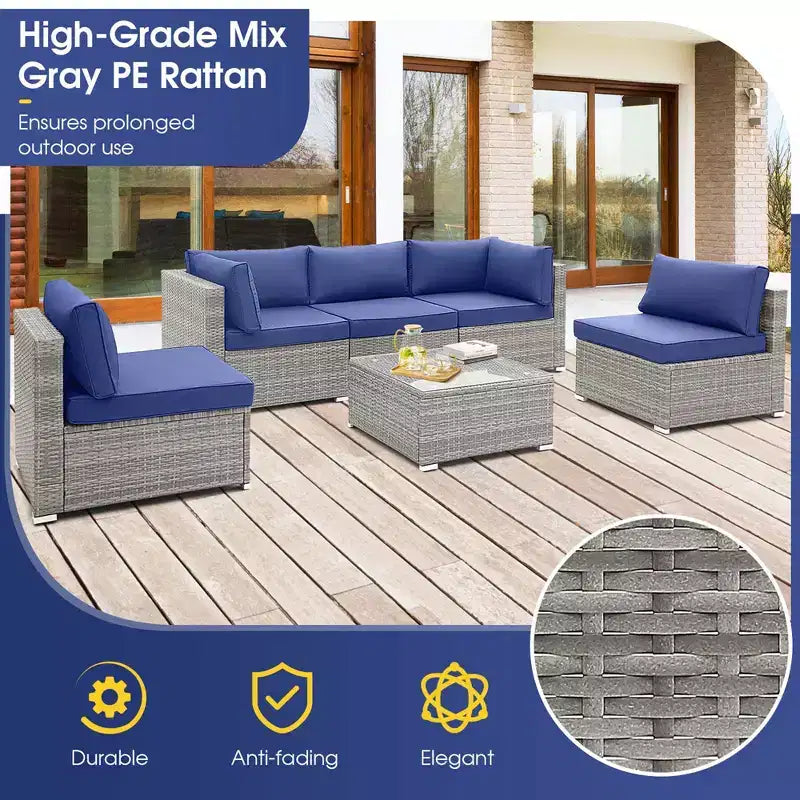 Costway Juego de sofá de conversación para patio de 6 piezas, muebles de ratán para exteriores con asientos acolchados, azul marino