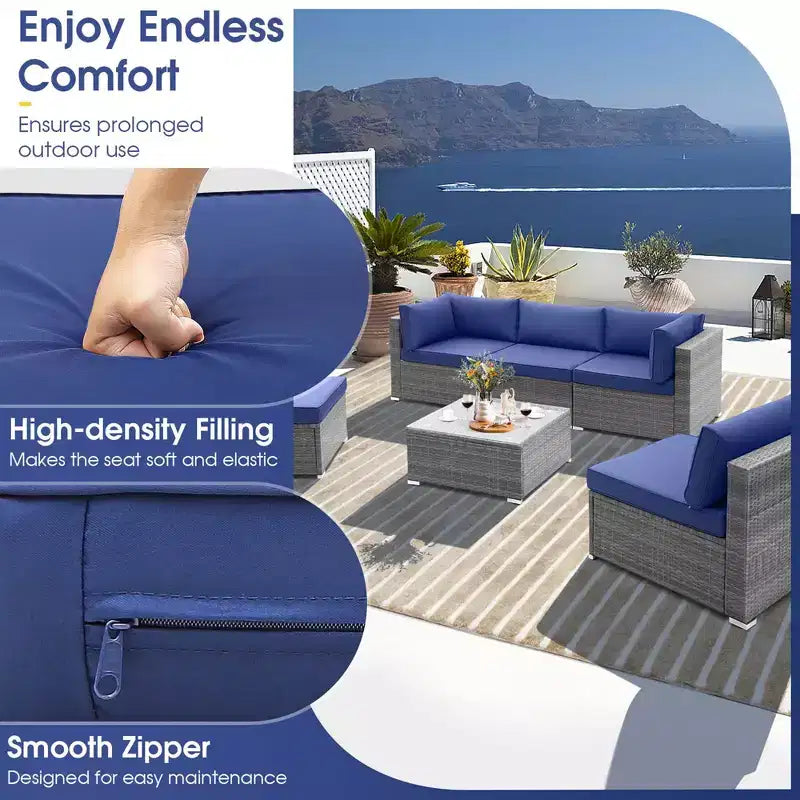 Costway Juego de sofá de conversación para patio de 6 piezas, muebles de ratán para exteriores con asientos acolchados, azul marino