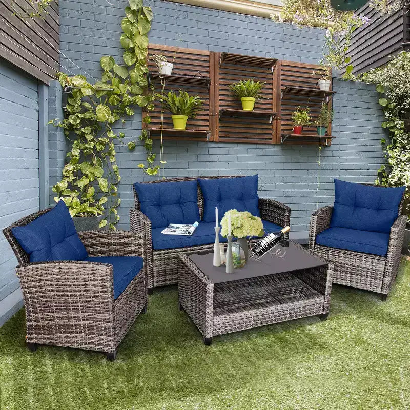 Costway 4 PCS/8PCS Patio Rattan Furniture Set Coffee Table Cushioned Sofa Garden Lawn Navy