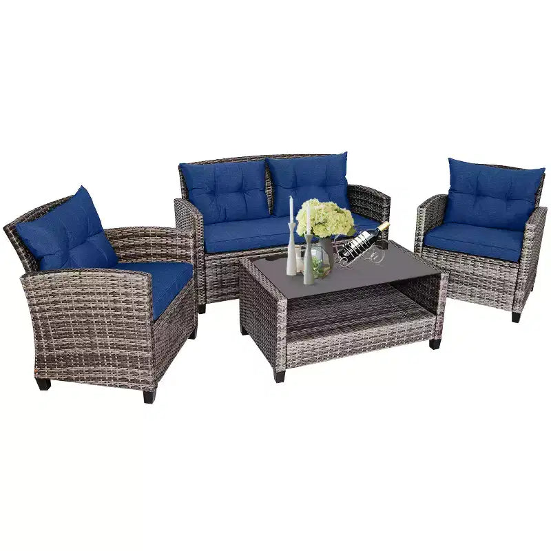 Juego de Muebles de Patio de Ratán de Costway 4 Piezas/8 Piezas Mesa de Centro Sofá Acolchado Jardín Césped Azul Marino