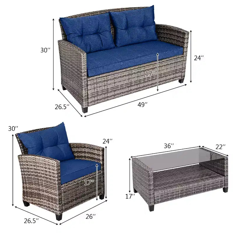 Juego de Muebles de Patio de Ratán de Costway 4 Piezas/8 Piezas Mesa de Centro Sofá Acolchado Jardín Césped Azul Marino