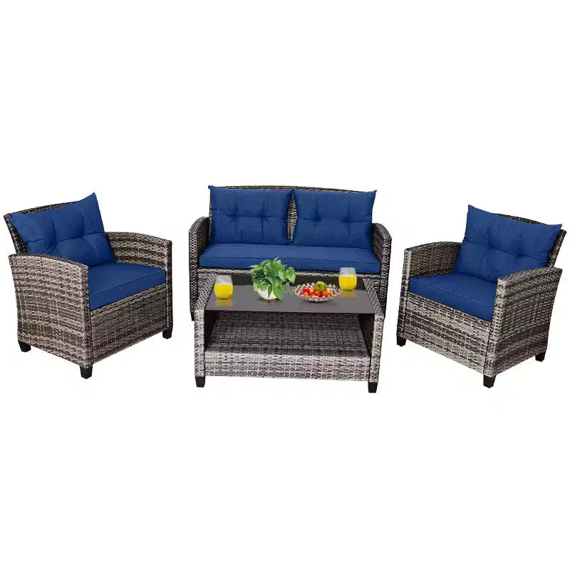 Juego de Muebles de Patio de Ratán de Costway 4 Piezas/8 Piezas Mesa de Centro Sofá Acolchado Jardín Césped Azul Marino
