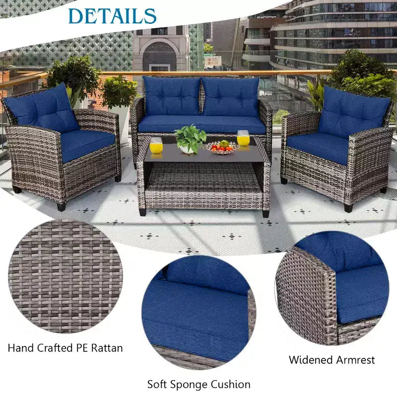 Juego de Muebles de Patio de Ratán de Costway 4 Piezas/8 Piezas Mesa de Centro Sofá Acolchado Jardín Césped Azul Marino