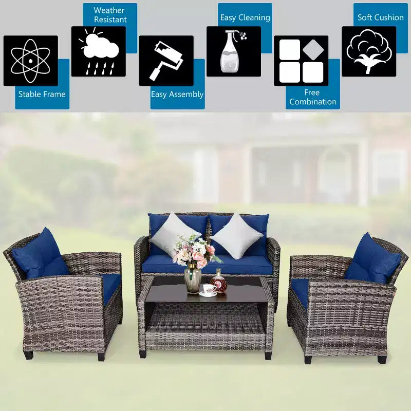 Juego de Muebles de Patio de Ratán de Costway 4 Piezas/8 Piezas Mesa de Centro Sofá Acolchado Jardín Césped Azul Marino