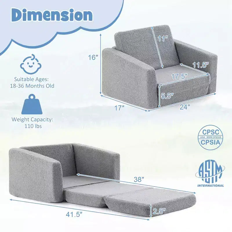 Costway 2-in-1 Toddler Fold out Couch Childrens Convertible Sofa to Lounger Grey