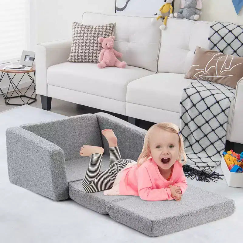 Costway 2-in-1 Toddler Fold out Couch Childrens Convertible Sofa to Lounger Grey
